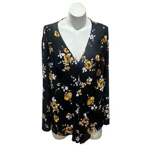 Torrid Blouse Womens 2XL Plus Black Yellow Floral V-Neck Long Sleeve Tunic